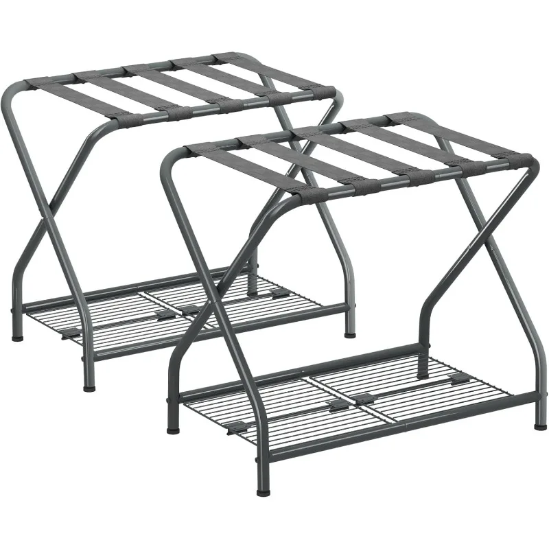 

Luggage Rack Set of 2, Foldable Suitcase Stand with Storage Shelf, Metal Luggage Holder for Guest Room, Bedroom, Hotel LR-GY-2