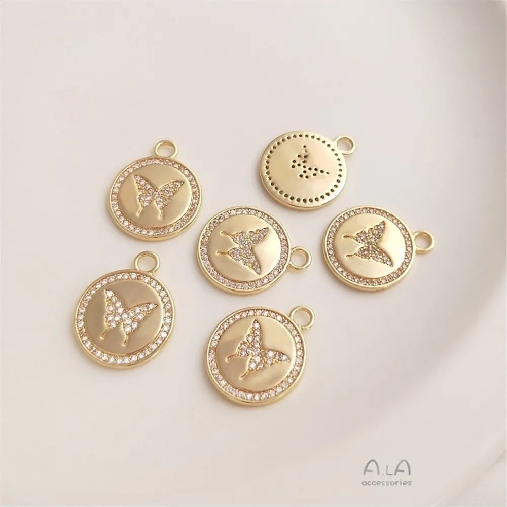 

14K Gold Color Preservation Zircon Inlaid Zircon Butterfly Round Plate Pendant High-end Tag Handmade Diy Necklace Jewelry Pendan