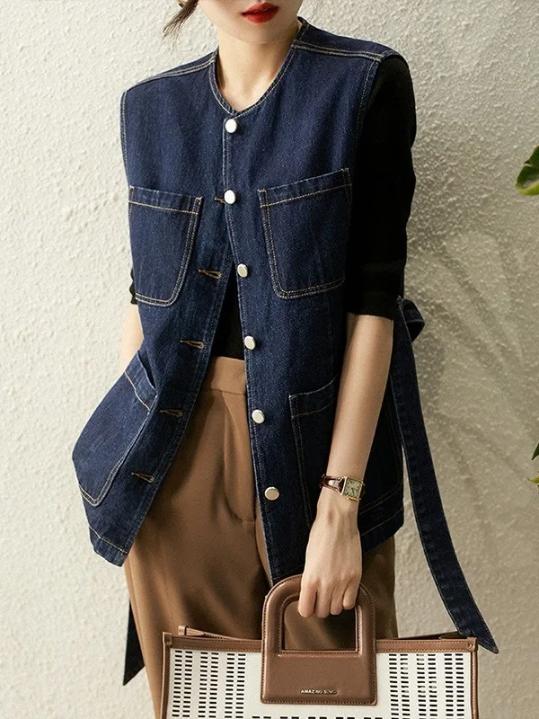 Chaleco Casual Sin Mangas, Estilo Primavera 2026, con Bolsillos Grandes, Versátil, Color Liso, con Pequeños Hombreras, Chaque...