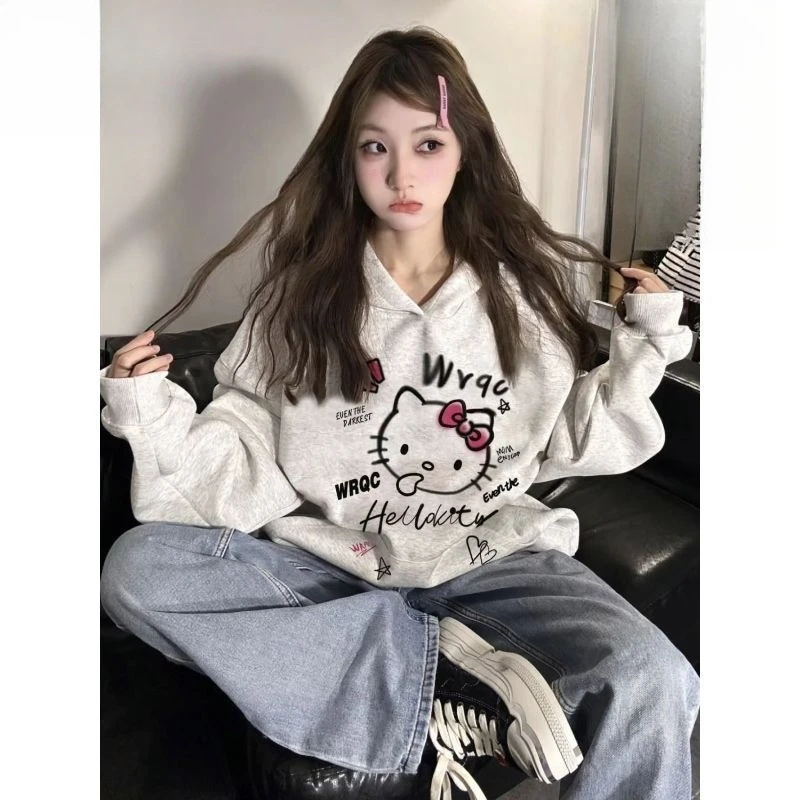 

Хлопковая толстовка с капюшоном и цветочным принтом Hello Kitty, серая, для осени и зимы, в стиле кэжуал, модная, простая, с длинными рукавами, теплая.