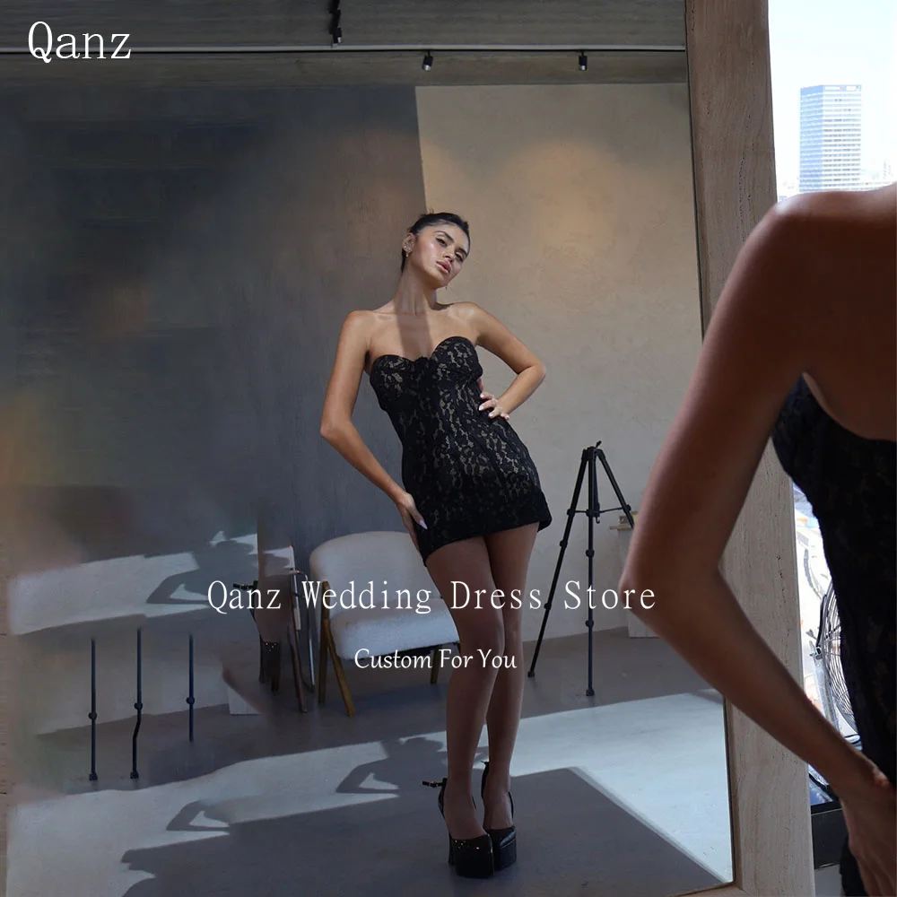 

Qanz Black Lace Prom Dresses Sweetheart Mini Party Dress Woman Sexy Above Knee Flesh Colored Lining Vestidos De Gala Customized
