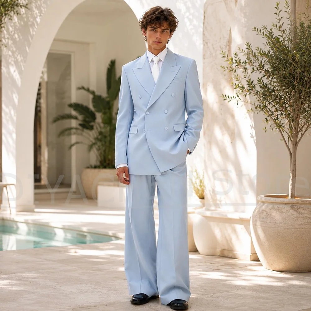 Fashion Men Double Breasted Suit 2 Piece Peak Lapel Solid Color Wear Formal Wedding Groom Party Tailored Tuxedo (Blazer+Pants)