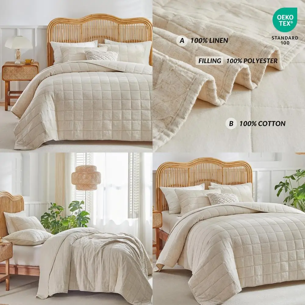 

King Size Linen Cotton Quilt Set, 100% Cotton Khaki Bedspread with Box Stitch, 3-Piece Soft Lightweight Bedding