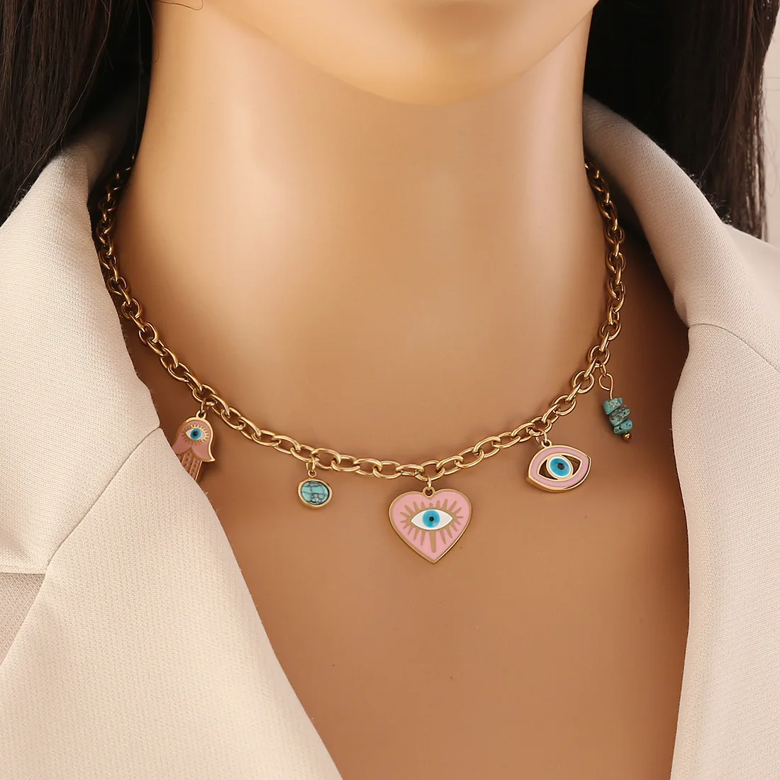 

Stainless Steel Oil Drop Love Heart Eye Pendant Women Necklace New Fashionable Girl Neck Choke Collar Chain Jewelry GiftN1477