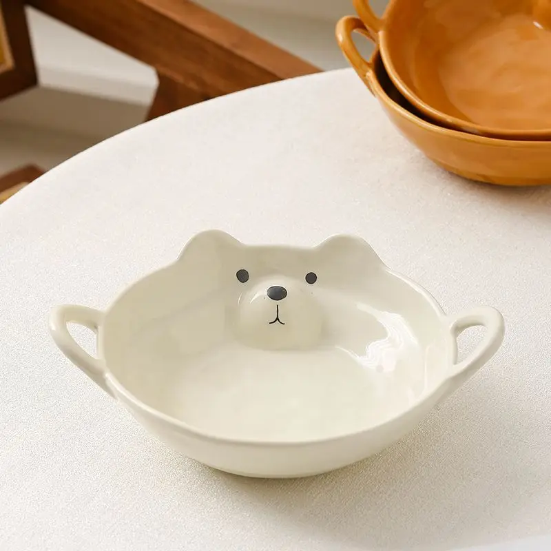 New Instagram Cute Bear Ceramic Double Ear Bowl 8-inch Large Capacity High Temperature Underglaze Colored Instant Noodles Bowl