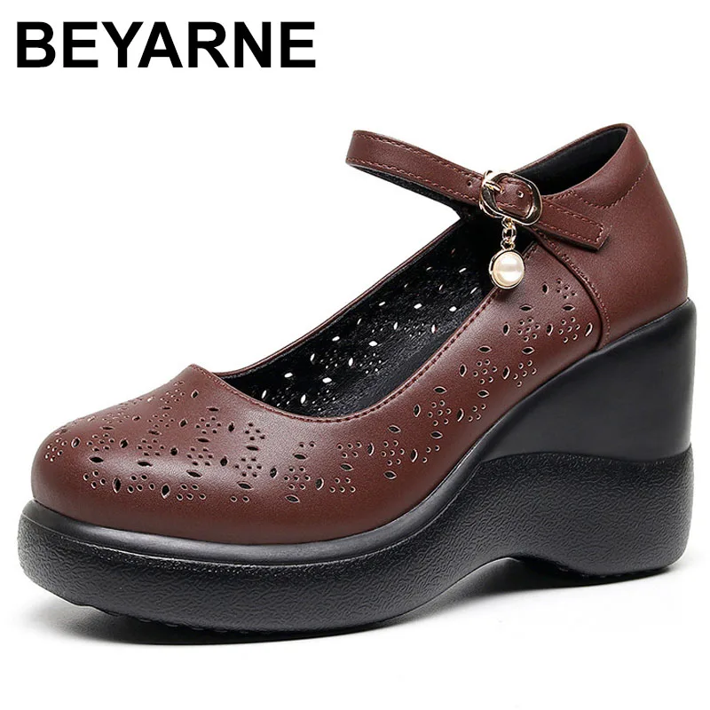 

Large Size Shoes New Spring Summer Hollow Breathable Genuine Leather Shoes Elegant Wedges Women High Heels