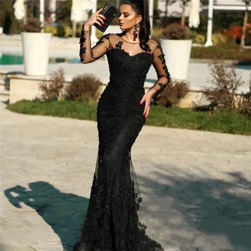 

2024 Illusion Long Sleeve Sheer Neck Floor Length Mermaid Black Lace Evening Dress Trumpet Formal Occasion Prom Party Gown