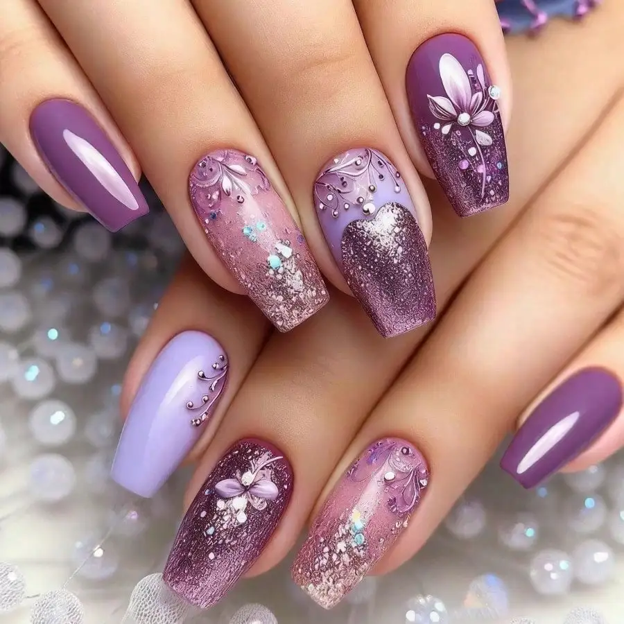 

Purple Glitter Long Coffin Fake Nails, Floral Press On Nails Set, Women Party Wedding Acrylic Nails