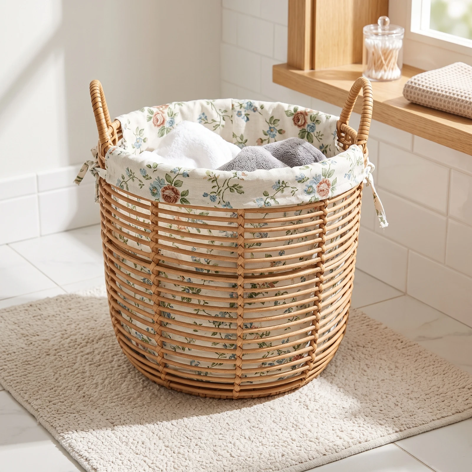 Laundry Basket with Handles Sturdy Woven Basket with Liner Rattan Laundry Hamper Machine-Washable Ventilated for Bathroom