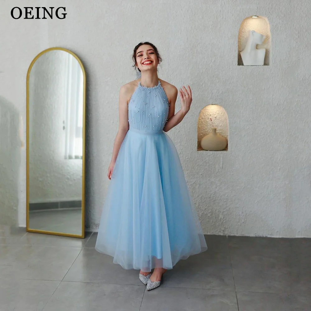 

OEING Halter Neck A Line Prom Dresses Sky Blue Ankle Length Evening Dress Shiny Pearls Sleeveless Wedding Party Gowns Gala