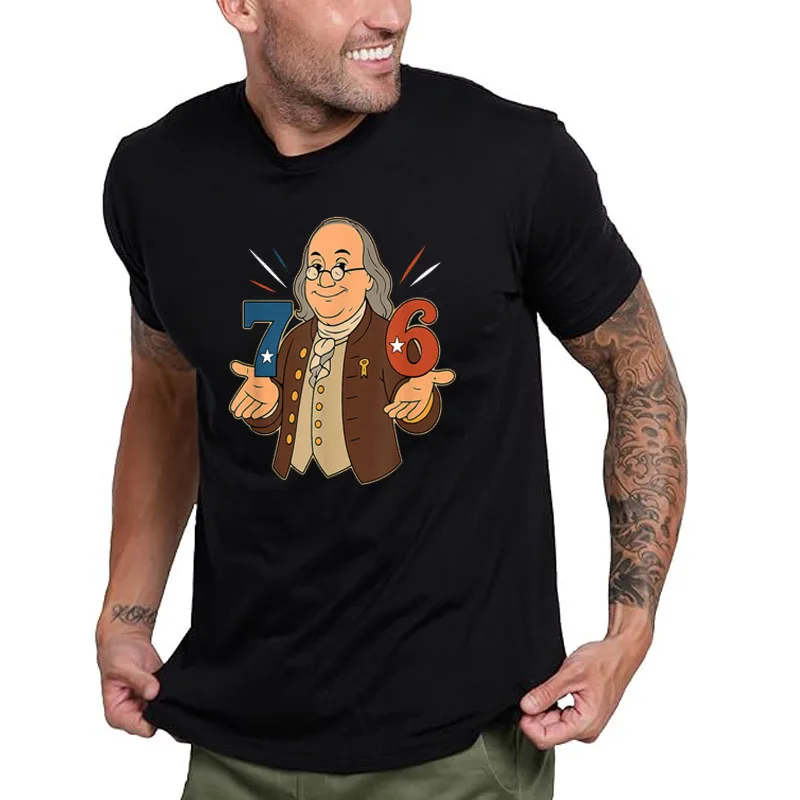7-6 1776 مضحك بنيامين بن فرانكلين ميمي ستة سبعة 6-7 تي شيرت الرجال الموضة فرحان الثقافة التاريخية Y2k الفن تيز #4