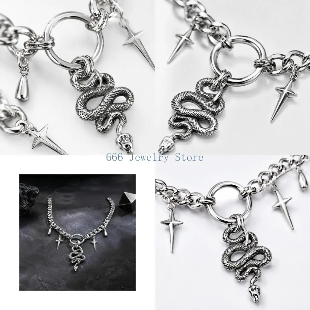 F2TD Gothic Snake Pendant Necklace Featuring a Central Ring, Hanging Teardrop Details and a Bold Silver-Tone Curb-Link Chain for