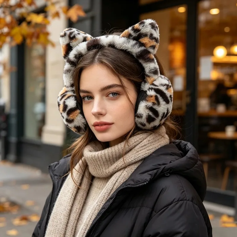 Autumn Winter Plush Warm Earmuffs for Women Cute Cat Ear Leopard Print Faux Rabbit Fur Ear Warmers Outdoor Travel Accessories