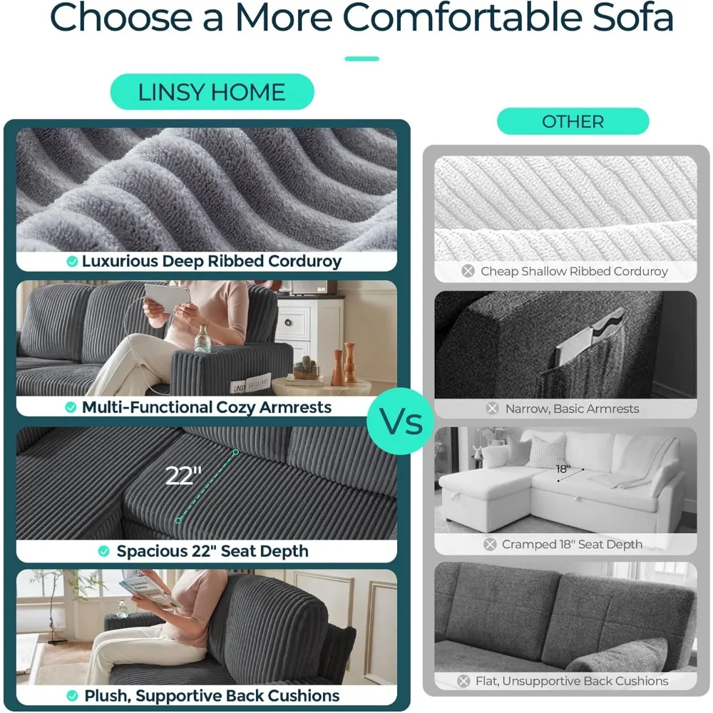 أريكة نوم مقطعية مع أريكة قابلة للسحب، أريكة سحابية من القطيفة قابلة للتحويل مع كرسي تخزين وشحن USB، مريح