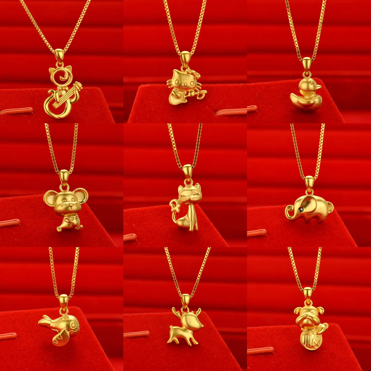 

New AU999 gold small lucky elephant necklace female fox kitten pendant 24K pure gold necklace fashionable simple jewelry