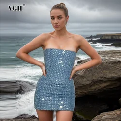 VGH Sexy Slim Two Piece Sets For Women Strapless Sleeveless Backless Tops High Waist Bodycon Skirts Spliced Sequins Set Female