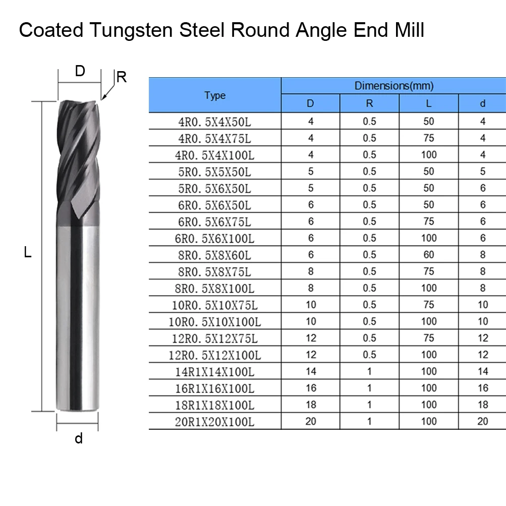 MZG 4 Flute HRC 45 55 60 65 Radius End Cutter Mill Carbide Cnc Milling Cutter For Metal Tungsten Steel CNC Maching Endmils