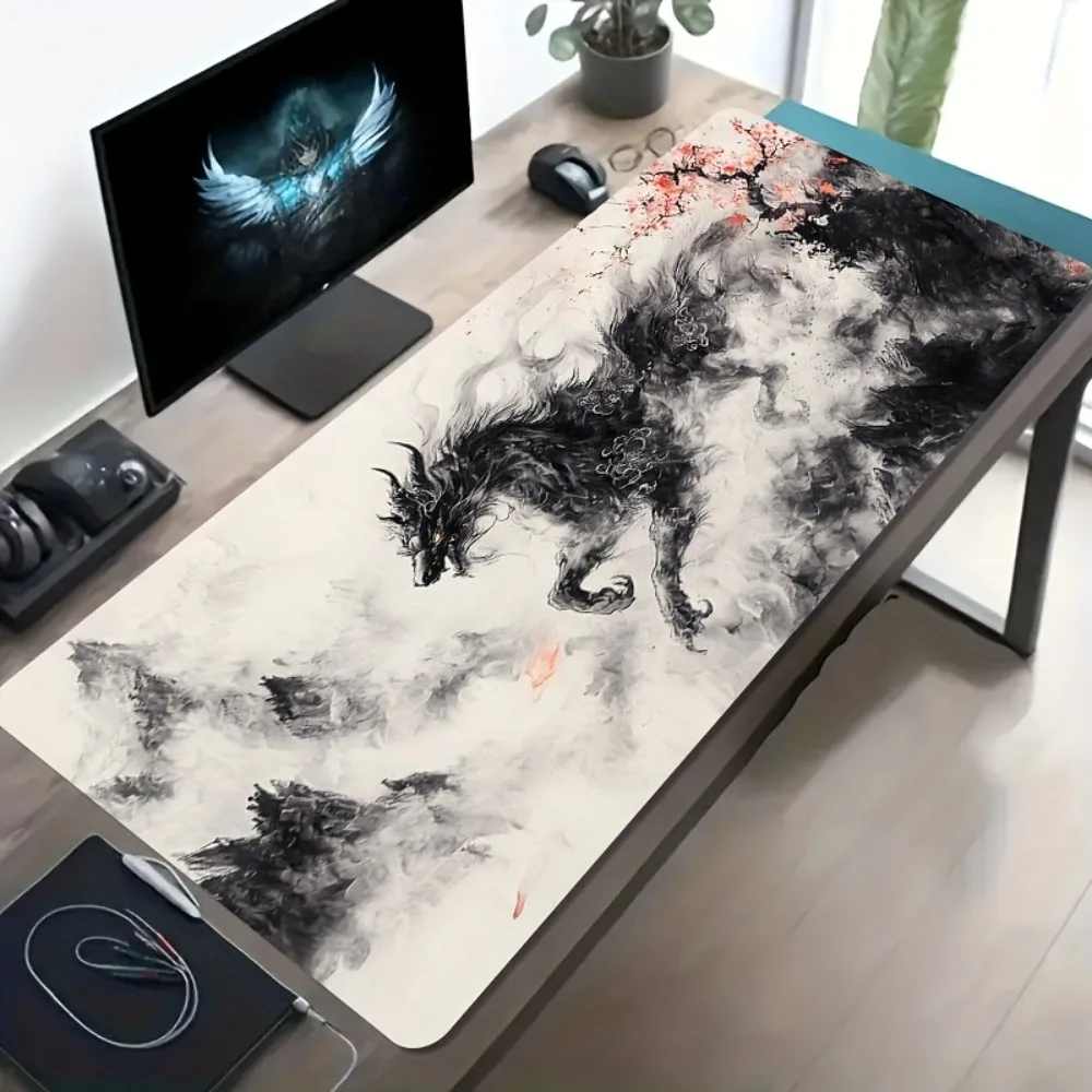Japanese Ink Wash Mythical Beast Large Desk Mat, Sumi-e Wolf-Dragon Extended Gaming Mouse Pad
