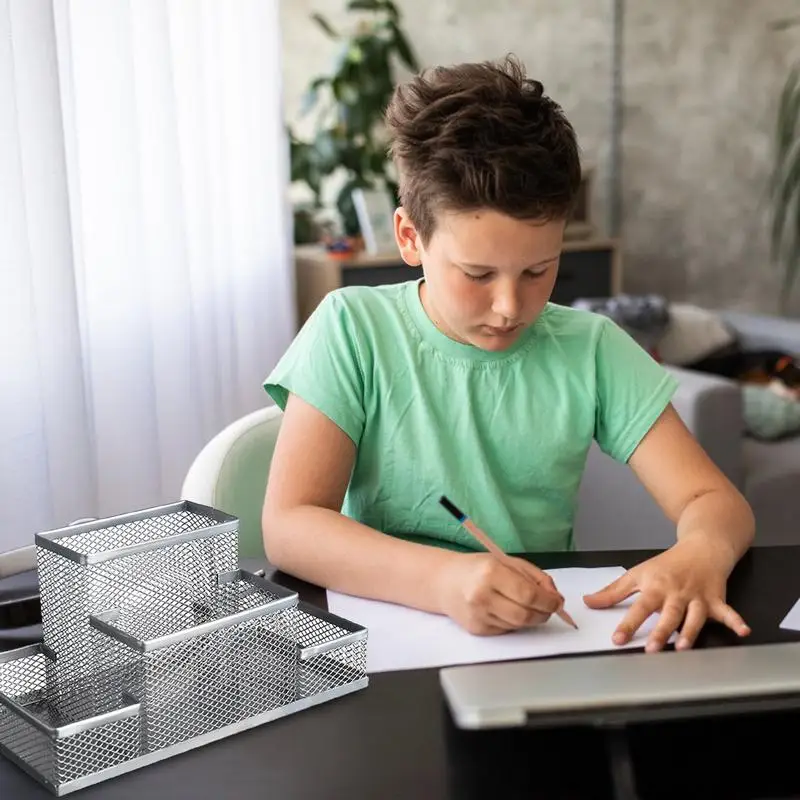 Pen Containers For Desk Office Stationery Storage With 4 Grid Desk Organizer Storage For Desktop Home School Bedroom Countertop