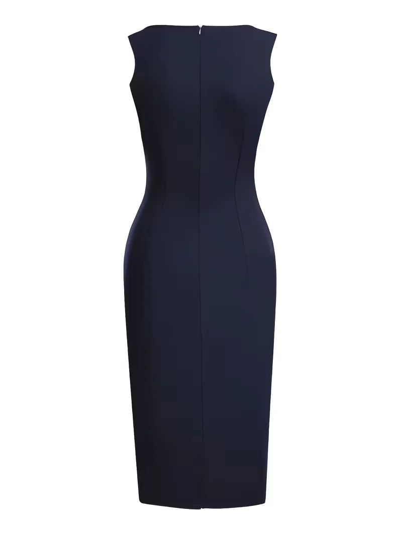 Elegantes Damenkleid mit V-Ausschnitt Ärmellos Sommer Einfarbig Club Party Casual Figurbetontes Bleistiftkleid – Detail 5