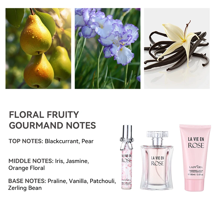 여성용 향수 여행 세트 3종 - 향수, 바디 미스트, 바디 로션 - 신선한 꽃향기 과일향 바닐라 스프레이 그녀를 위한 이상적인 선물