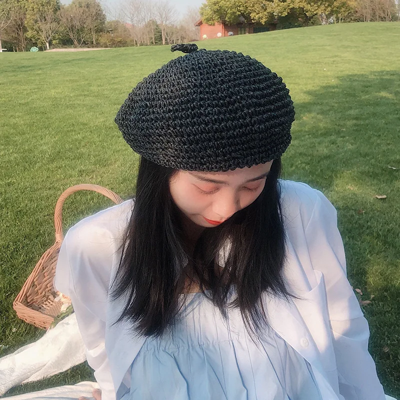 New Summer Woven Beret Women's Straw Hat Women's Spring And Autumn Flat Top Sun Hat Breathable Leisure Vacation Artist Beach Hat