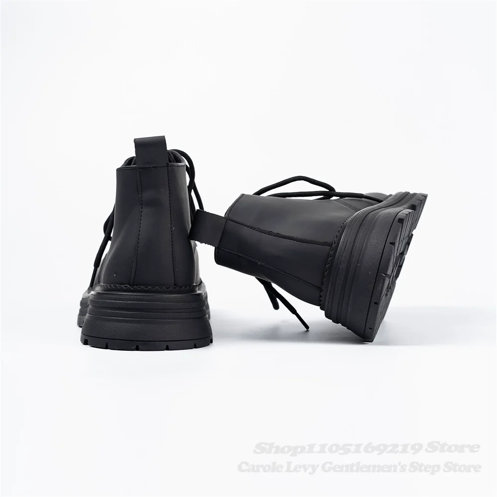 Black Matte Big Toe Short Boot for Men Thick Soled Lace Up Height Increasing Workwear Straps High Top Casual Leather Shoes