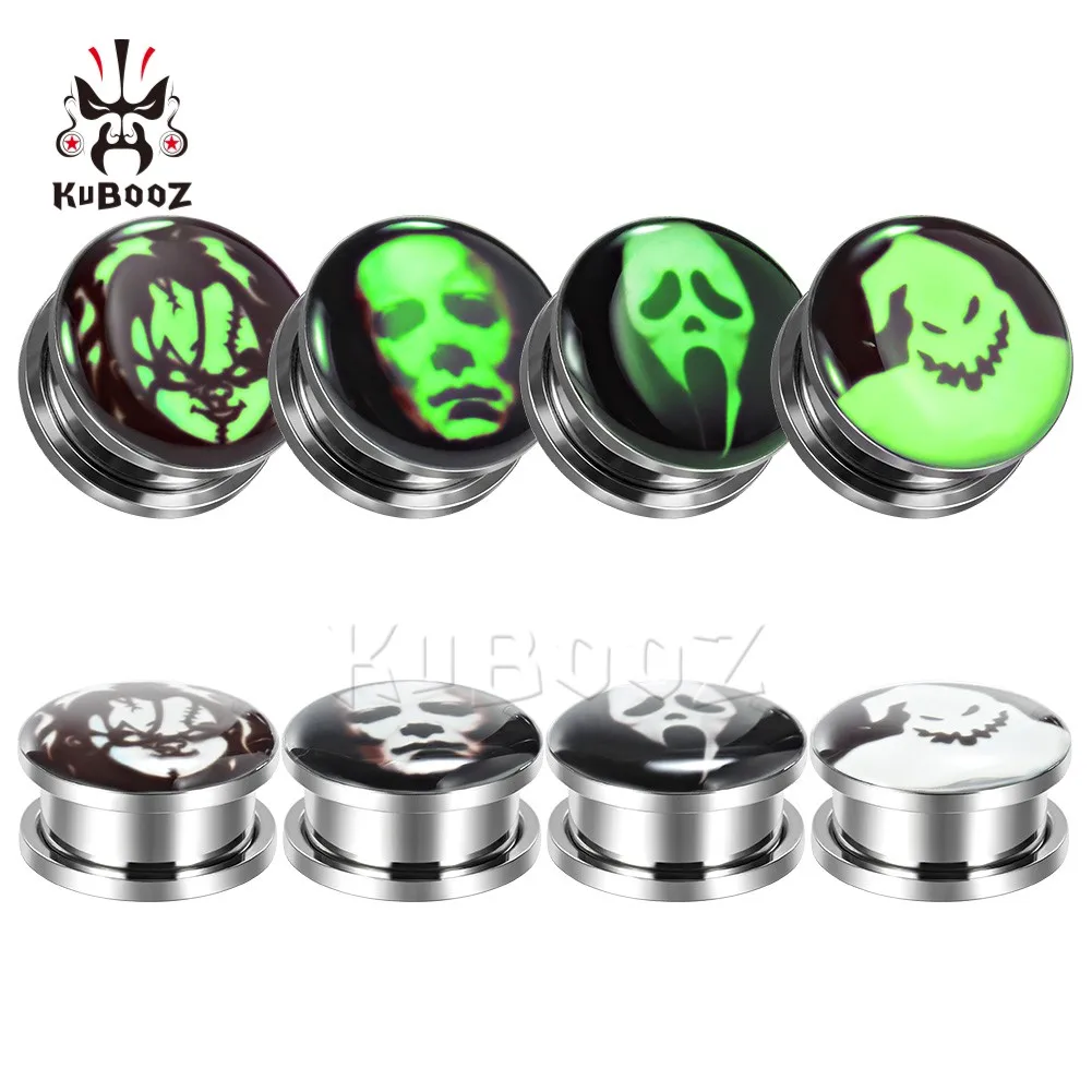 KUBOOZ Fashion Stainless Steel Luminous Skull Logo Ear Gauges Expanders Earrings Tunnels Plugs Piercing Stud 6mm to 30mm 2PCS