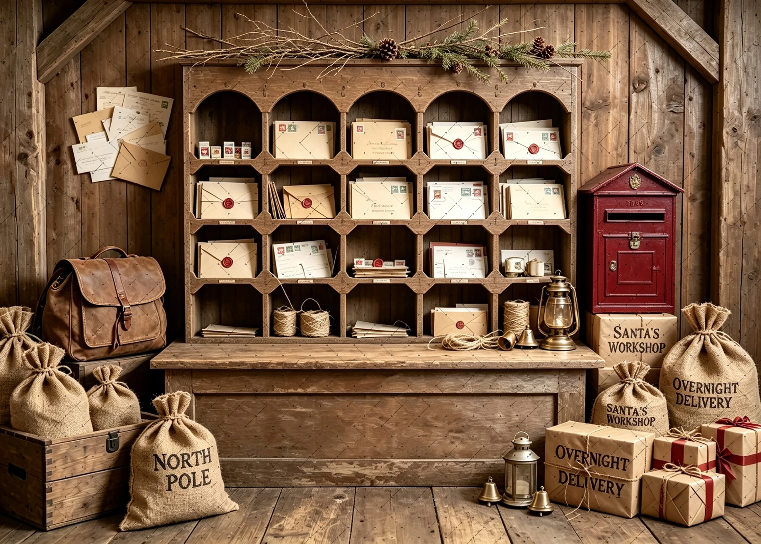 Christmas Vintage Post Office Scene Backdrop for Portrait Shooting Holiday Party Photo Booth Decor Studio Background