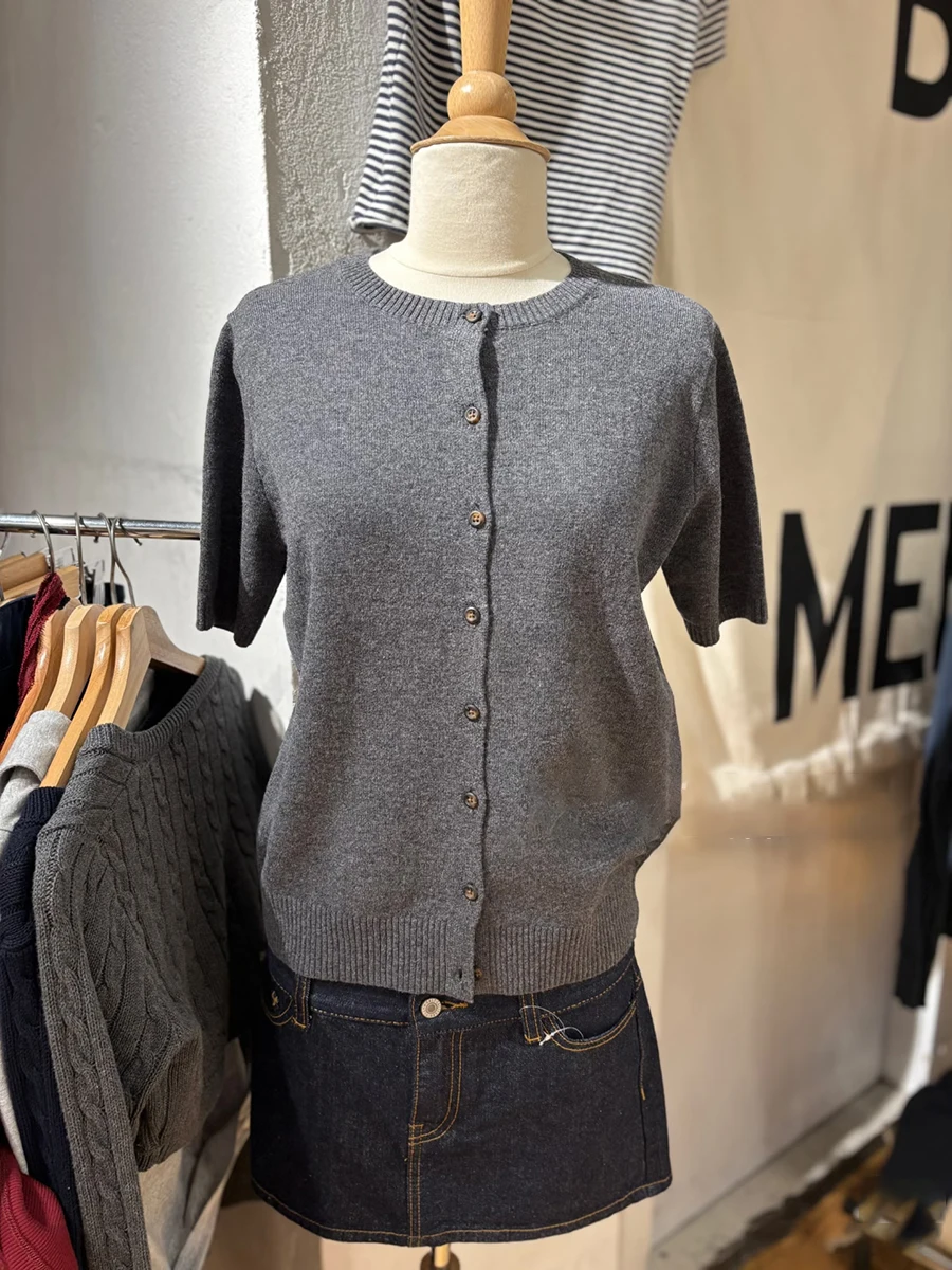 

New Solid Short Sleeve Sweater Cardigan Women Spring O-neck Single Breasted Casual Sweaters Dark Grey All-match Knitwear Tops
