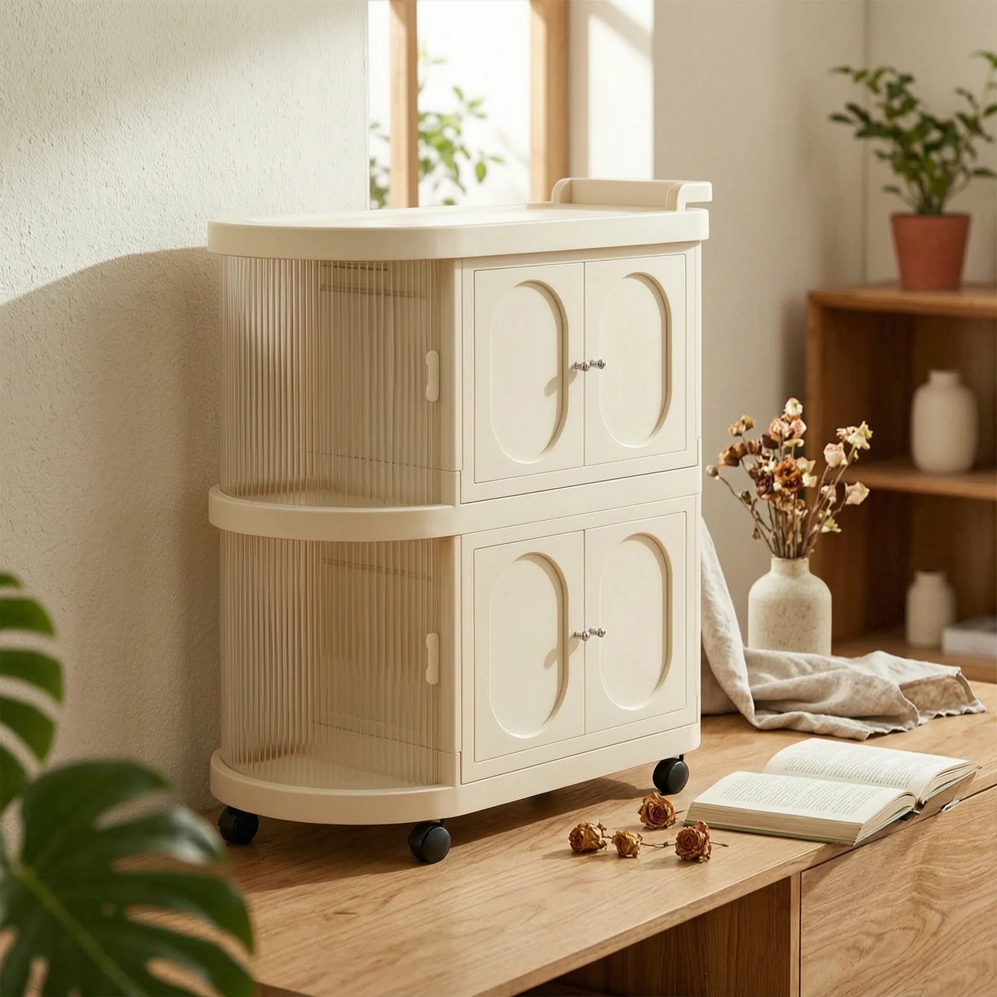 oval-handles-two-tier-nursery-cabinet-large-capacity-folding-baby-cabinet-dustproof