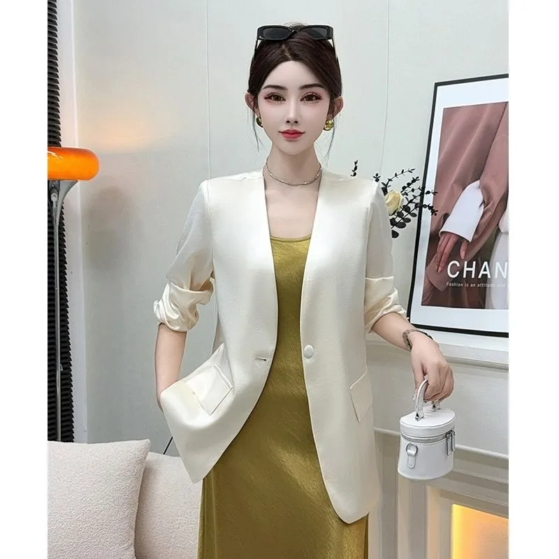 Summer New Gilt Satin Material Slim V-neck Casual Style Suit Internet Celebrity Fashion Small Suit Light Luxury Versatile Simple