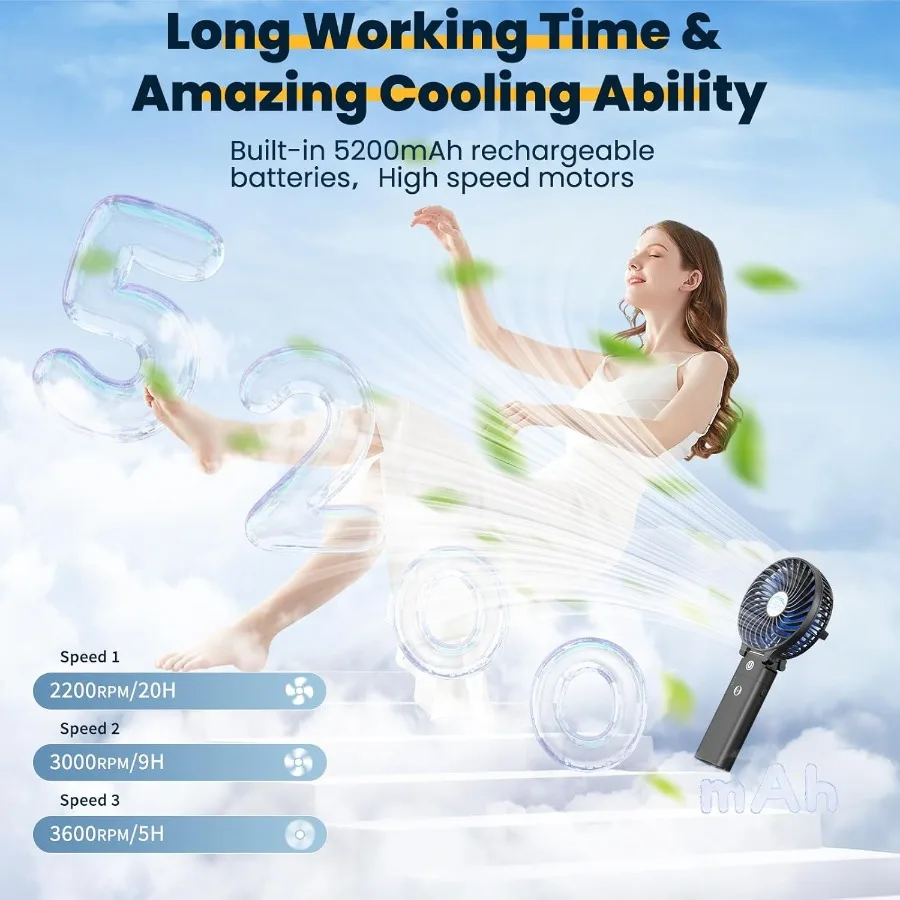 5200mAh Portable Handheld Fan Rechargeable with Power Bank3 Speeds Foldable Personal Cooling 2IN1 Hand Held Fan Battery Operate