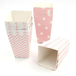 New 6/12Pcs Pink Dot Wave Striped Paper Popcorn Box Pop Corn Candy Sanck Favor Bag Xmas Wedding Kid Birthday Party Decoration