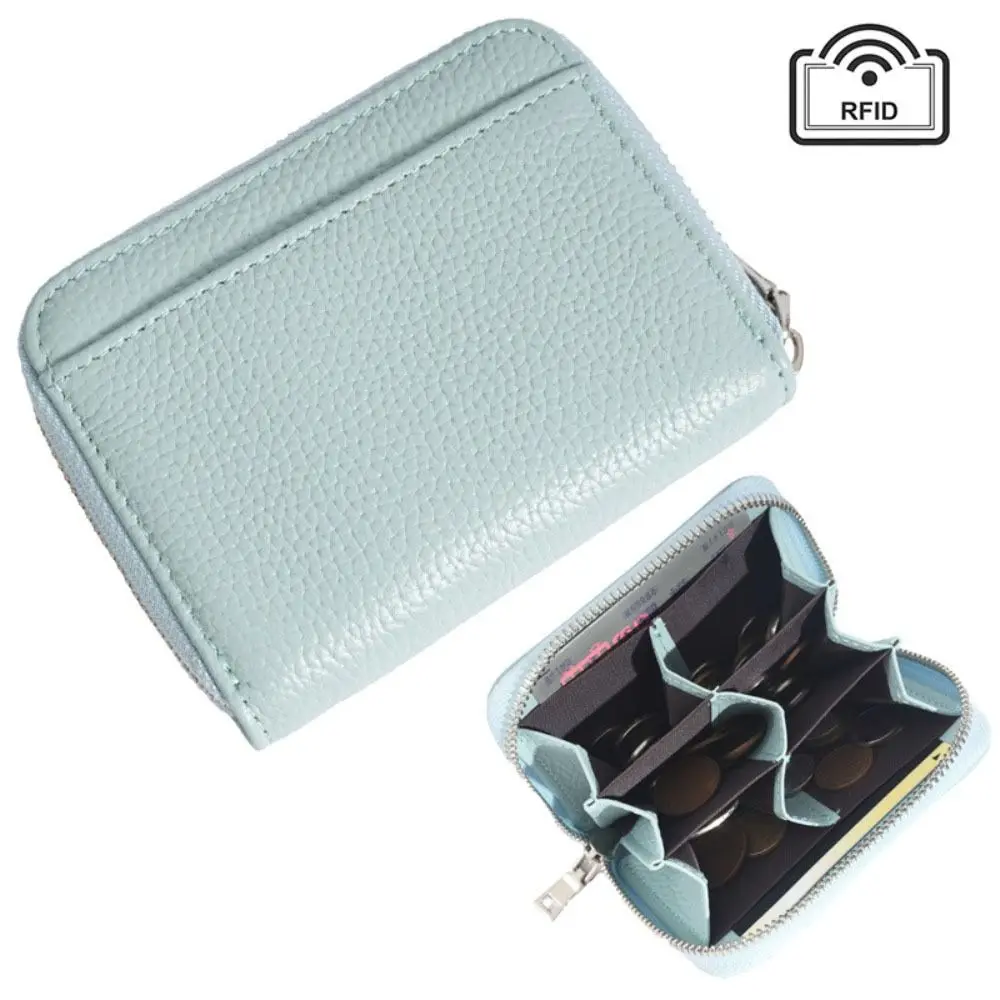 

Portable RFID Blocking Women's Card Bag Zipper Pocket Luxury Credit Card Holders Soild Color Genuine Leather Card Case Gift