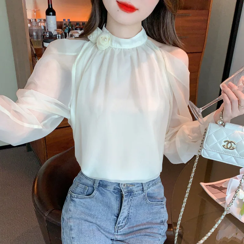 #2590 Chiffon Off Shoulder Blouse Women Long Sleeve Thin Sexy France Style Split Joint Ladies Tops And Blouses Spring Summer