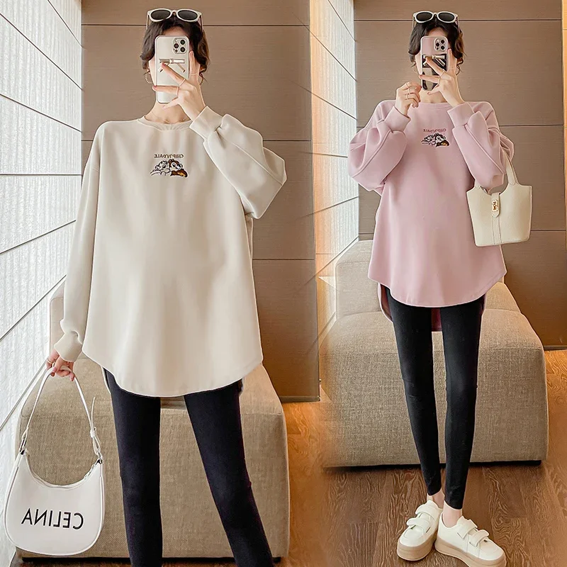 2024 Autumn Maternity Hoodies Fashion Embroidery Long Loose Irregular Pregnant Woman Sweatshirt Plus Size Pregnancy Pullover Top