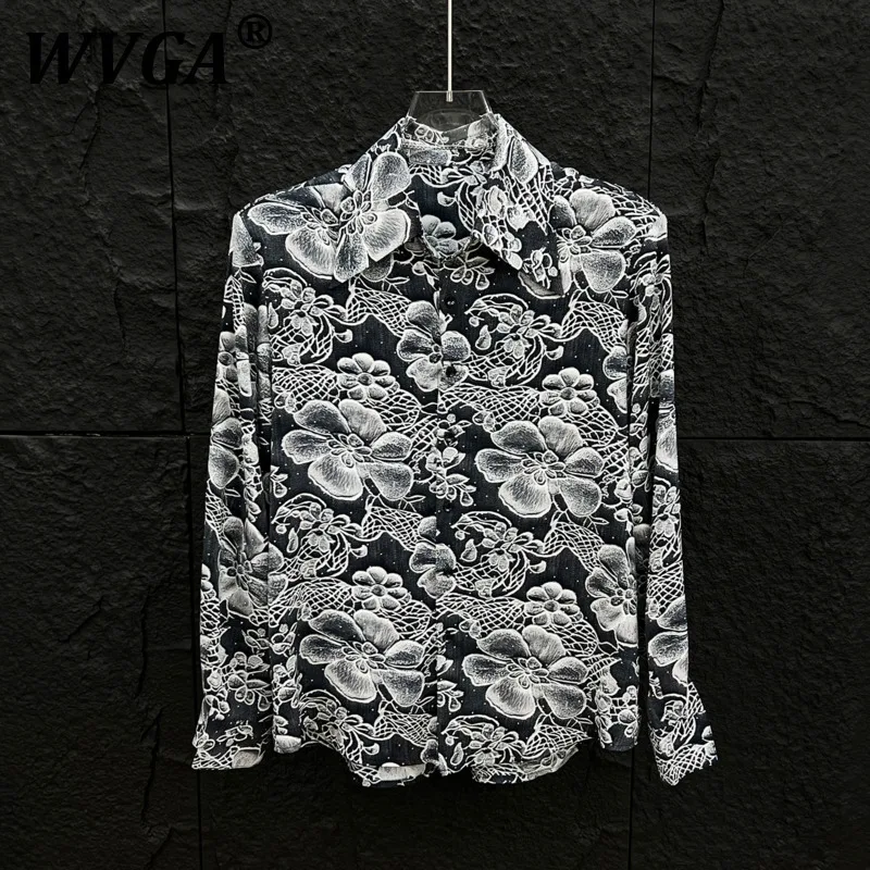 

WVGA Summer New Man High Street Design Hot Diamond Printed Long Sleeve Shirts Chic Retro Padded Shoulder Chiffon Shirt Y2K W9273