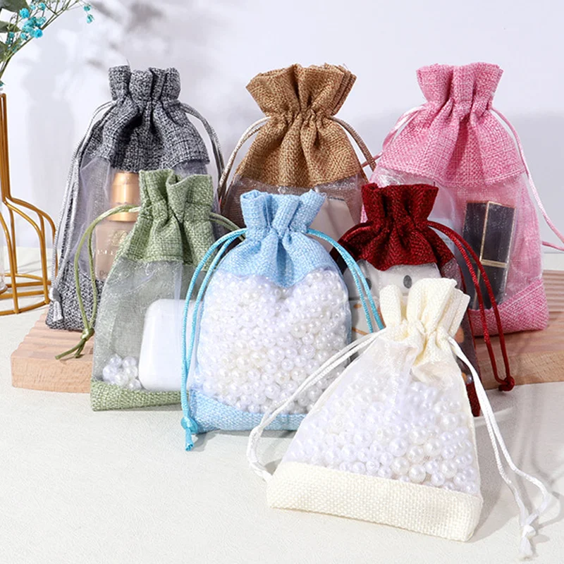 50/100pcs Drawstring Organza Bag Natural Burlap Gift Pouch Combination Flax Jewelry Packaging Wedding Party Candy Bags