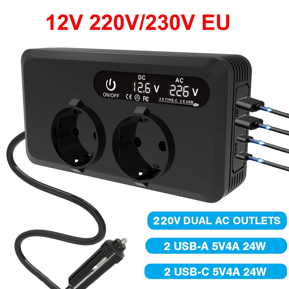 

200W Car Inverter DC 12V to AC 220V Transformer Convert Type-C USB Fast Charging EU Socket Car Inverter Power Adapter