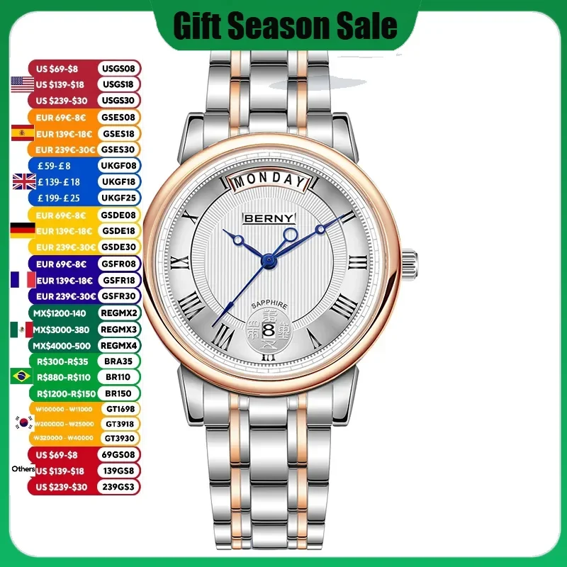 BERNY Women Watch Ladies Quartz Roman Numerals Day Date Calendar Watches Sapphire Glass Solid Steel Strap Women Wristwatch