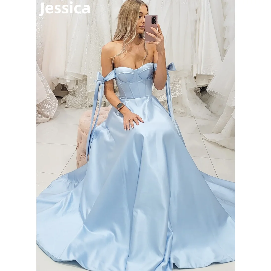 Gaun Prom biru muda Jessica gaun malam manis Satin bahu terbuka gaun pesta pernikahan korset A-line jubah De Soiree