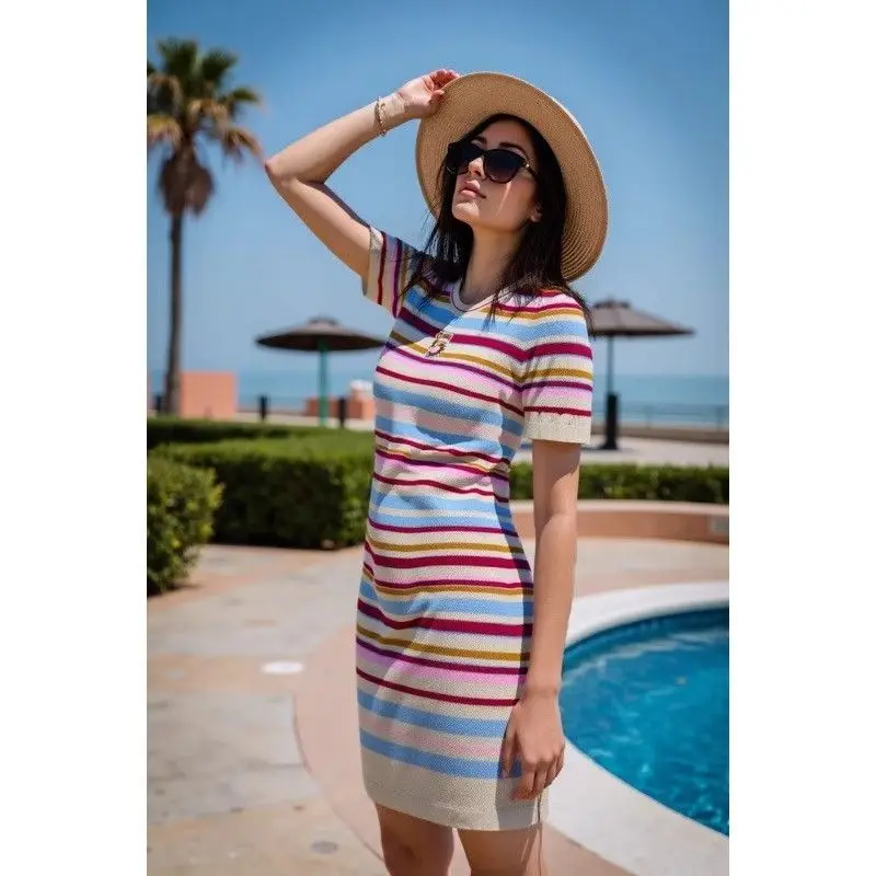 French Style Aesthetic Colorful Stripes Summer Short Dress Elegant Women Short Sleeve Knitted Dresses Sweet Office Lady Elastic