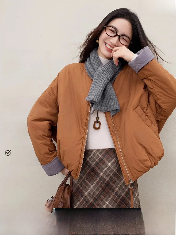 

Detachable Scarf Women's Cotton Jaet Winter Warm Loose round Ne Color Blo ort Outerwear Zipper Closure Long Sve