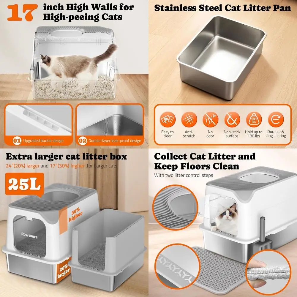 

Очень большой закрытый металлический лоток для кошек со съемной крышкой, совком и ковриком - контроль запаха, вход спереди, выход сверху, легкая очистка