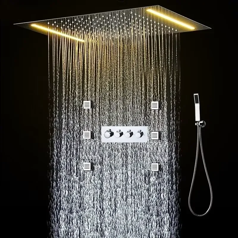 Modern Ceiling Hotel Bathroom Complete Head Wall Jets Hand Bath Rain Shower LED Thermostatic Faucet Mixer Set