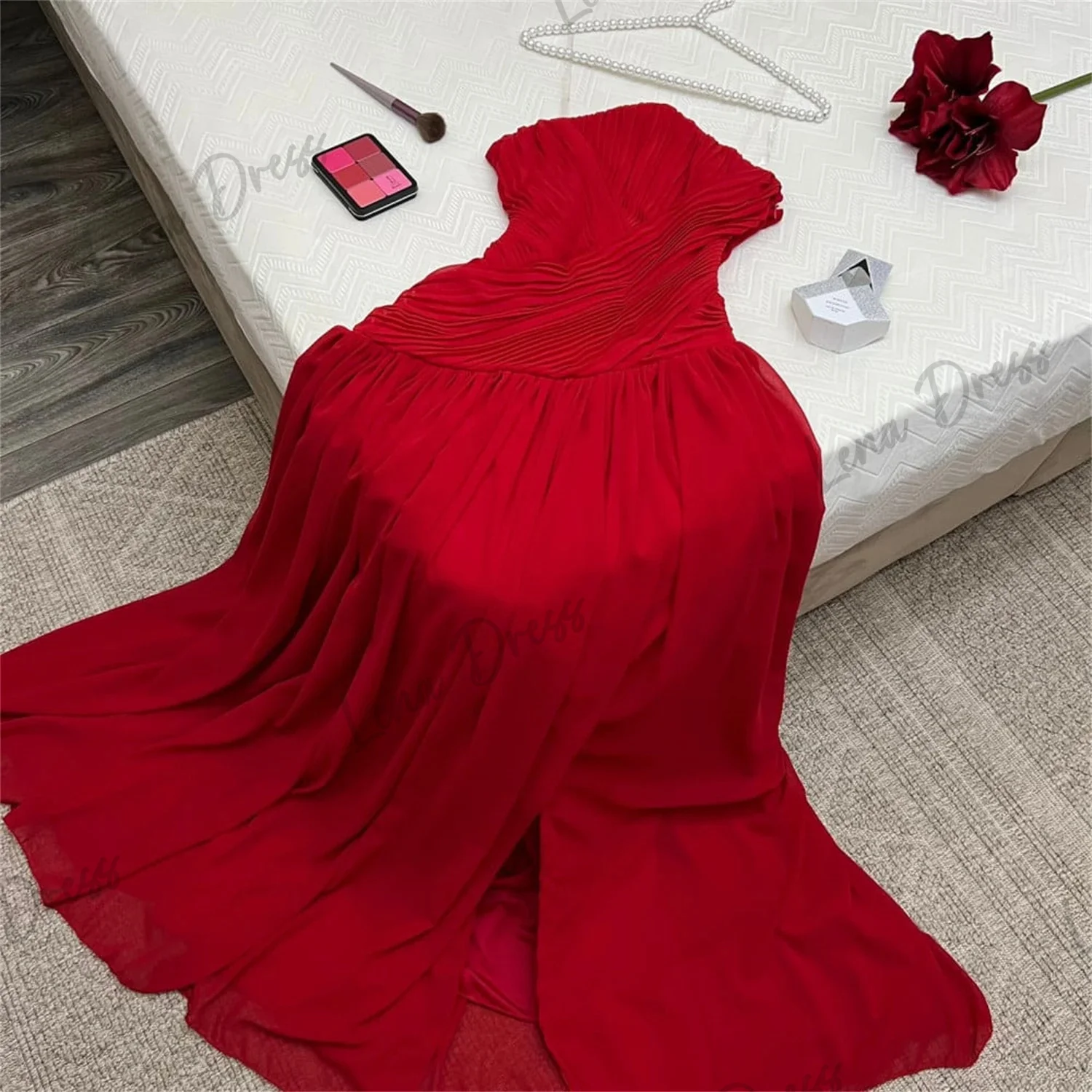 Lena - Red Elegant Dress Evening Dress Split Party Dress Suitable for Special Event Bridesmaids Chiffon Graduates Strapless Reun