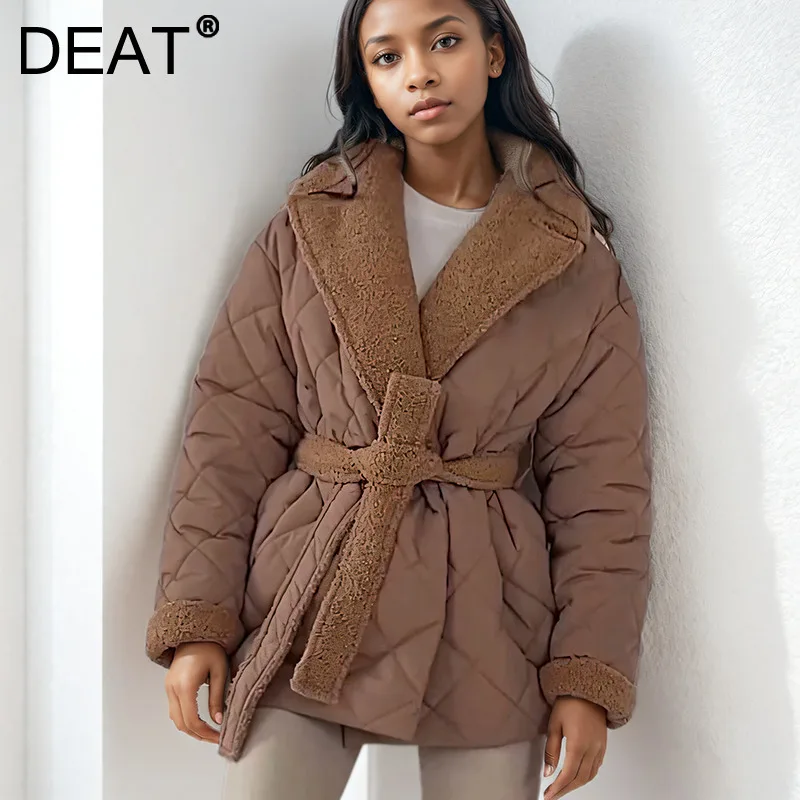 DEAT 2024 Winter New Items Fashion Lapel Lace-up Short Cotton-padded Coats For Women Lace-up Waist Warm Jackets Female 33A2194