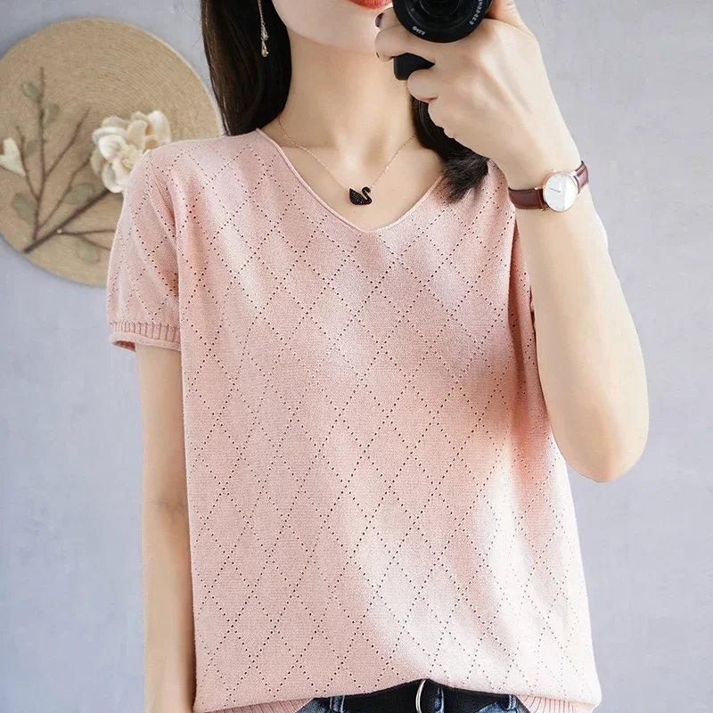 新しい女性の Tシャツ綿 100% カジュアルピュアカラーニットセーター半袖 V ネック女性のトップルーズファッション Tシャツ