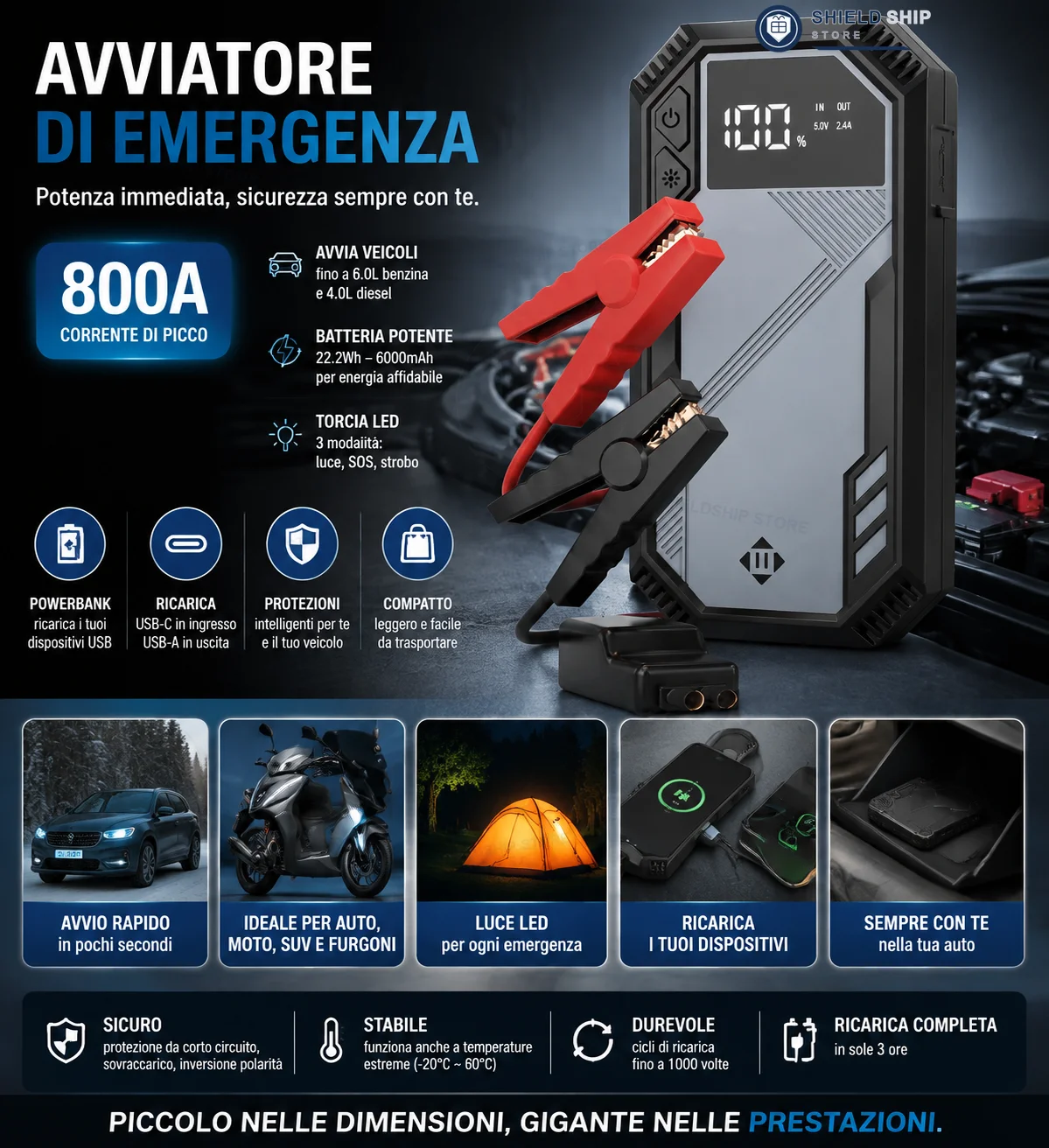 Arrancador de coches 800A, batería portátil de 6000mAh con función de linterna LED y banco de energía.